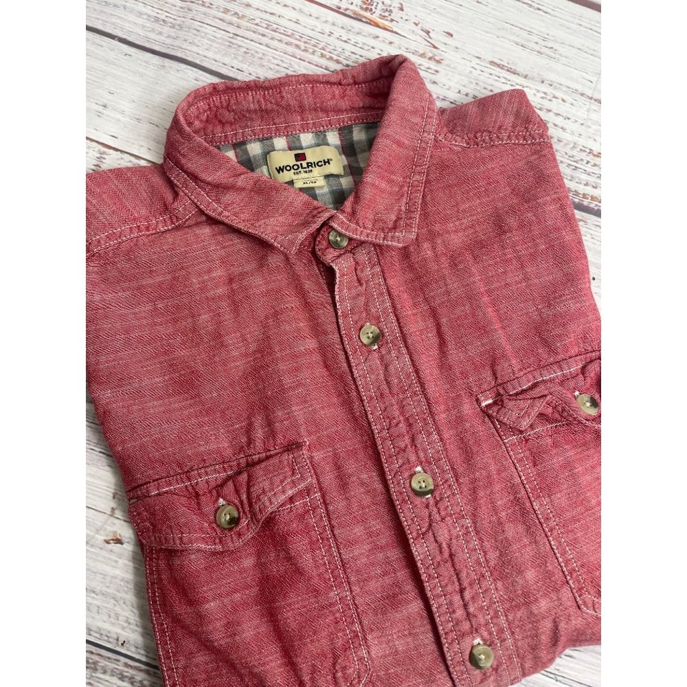 WOOLRICH 100% Cotton Heather Red Button Down Short Sleeve Shirt sz XL